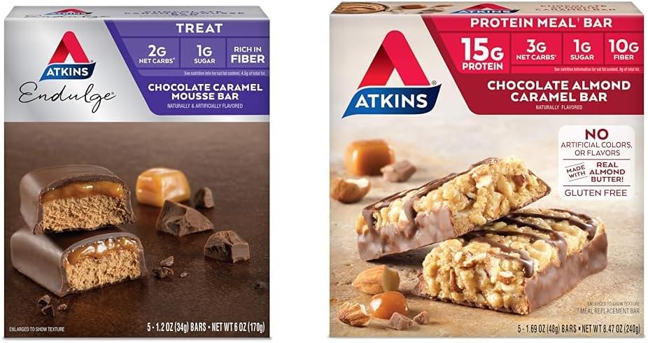 Atkins Endulge Chocolate Caramel Mousse Bar, Magustoit Lemmik, 1g Suhkur, Kõrge Kiudaine, 5 Count & Chocolate Mandli Caramel Bar, Keto-sõbralik, Gluteenivaba Real Mandlivõi, 5 Count (Pack of 1)