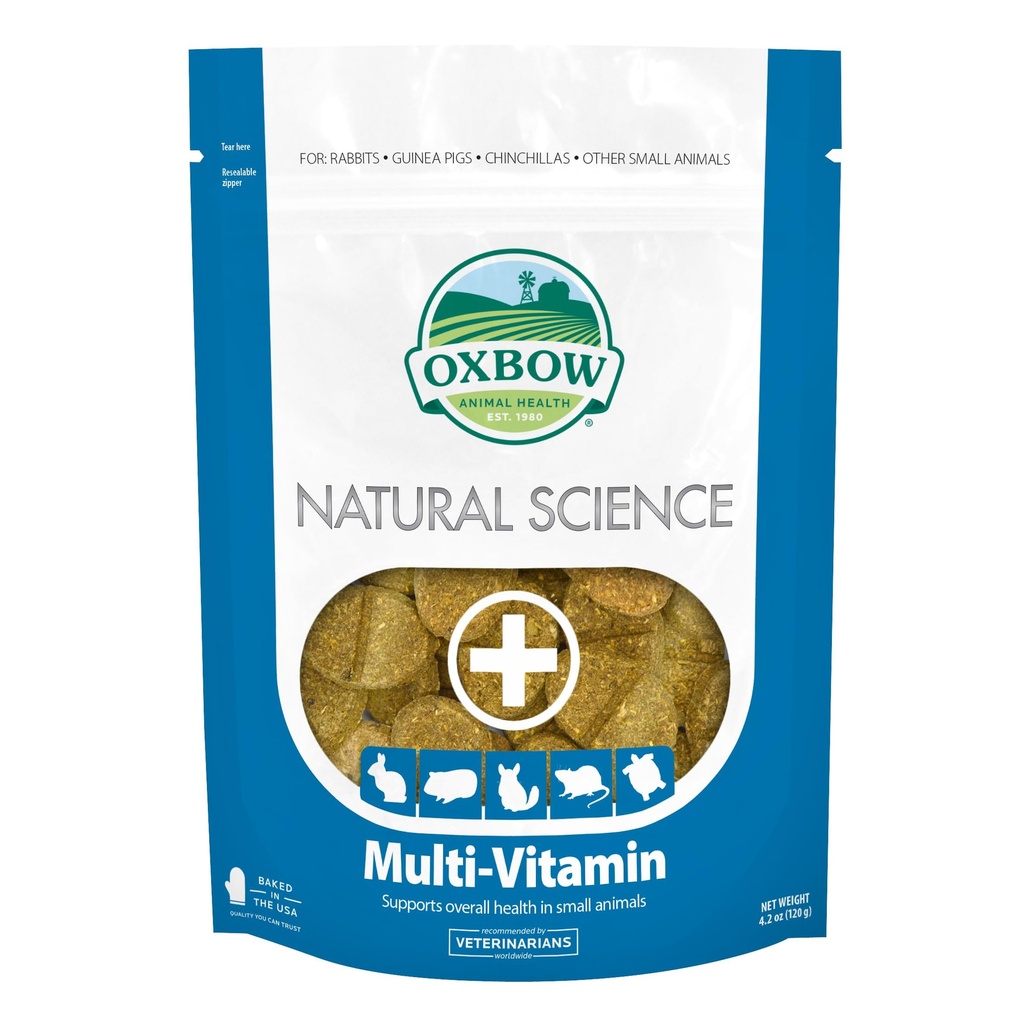Oxbow Natural Science Multi-Vitamin, High Fiber Supplement küülikutele ja Guinea Sead, valmistatud Timothy Hay, Multi-Pet Households, Omega 3 & 6 rasvhapped, Made in USA, 4, 2 oz Bag