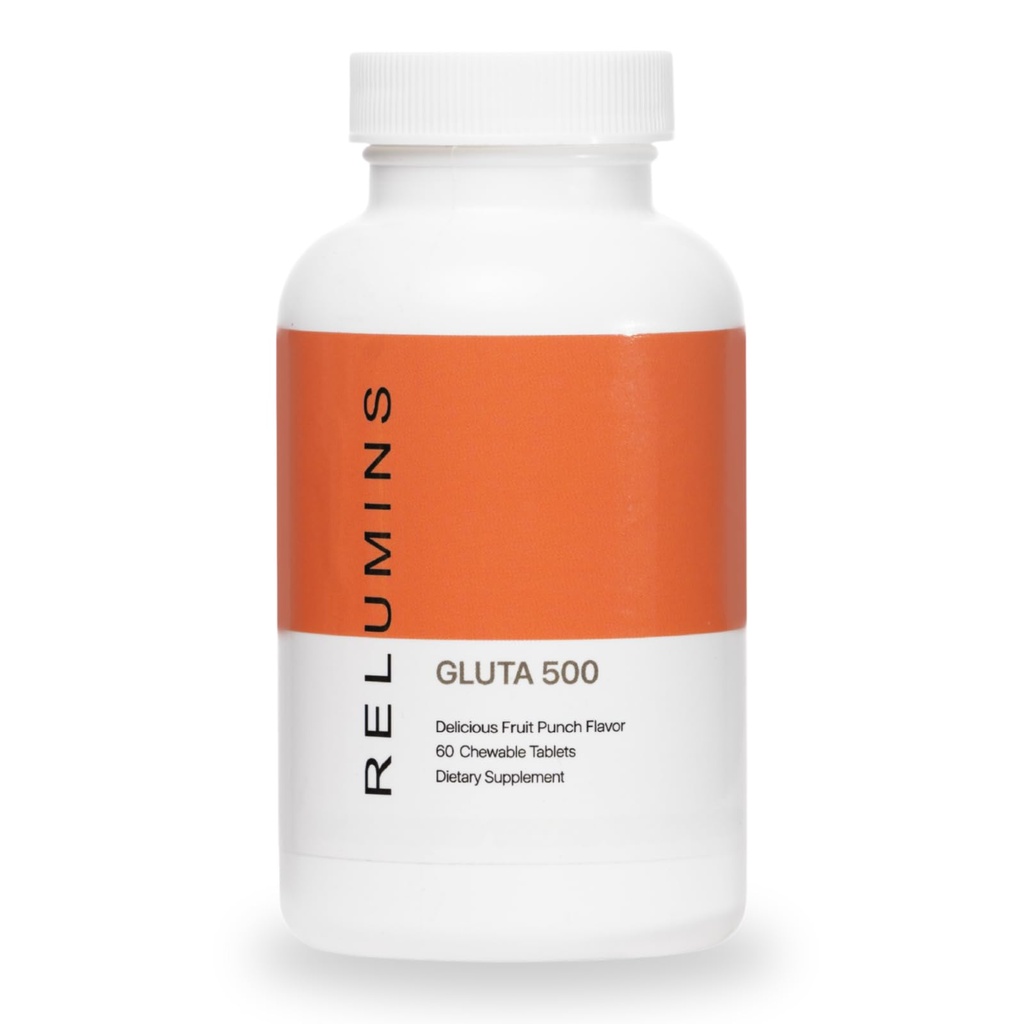 Relumins Gluta 500 närimistabletid koos glutatiooni, hüaluroonhappe, C-vitamiini, biotiini ja kollageeniga - toetab naha tooni ja sära - puuviljade punch maitse - valmistatud USAs - 60 tabletti
