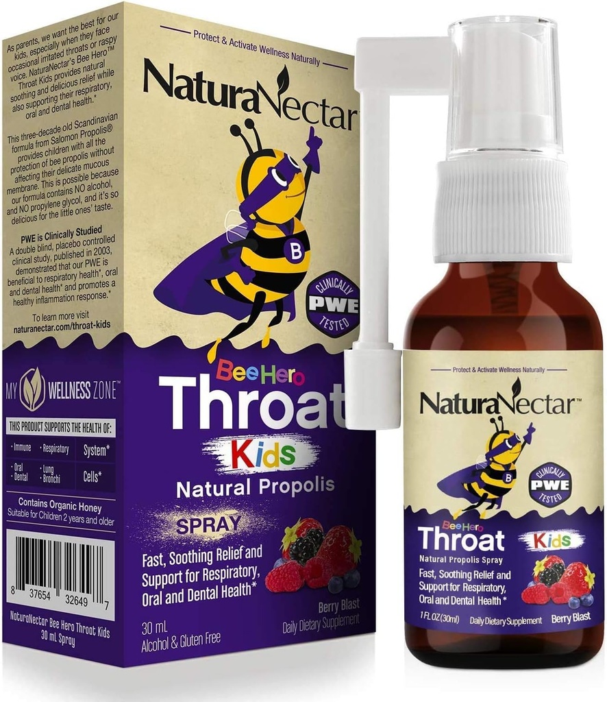 NaturaNectar - BeeHero Brasiilia Bee Propolis Throat Spray - Throat Relief lastele - mugavuse ja kaitse - Eksklusiivne Berry Blast Flavor (1 Pack, 1 Fl Oz)