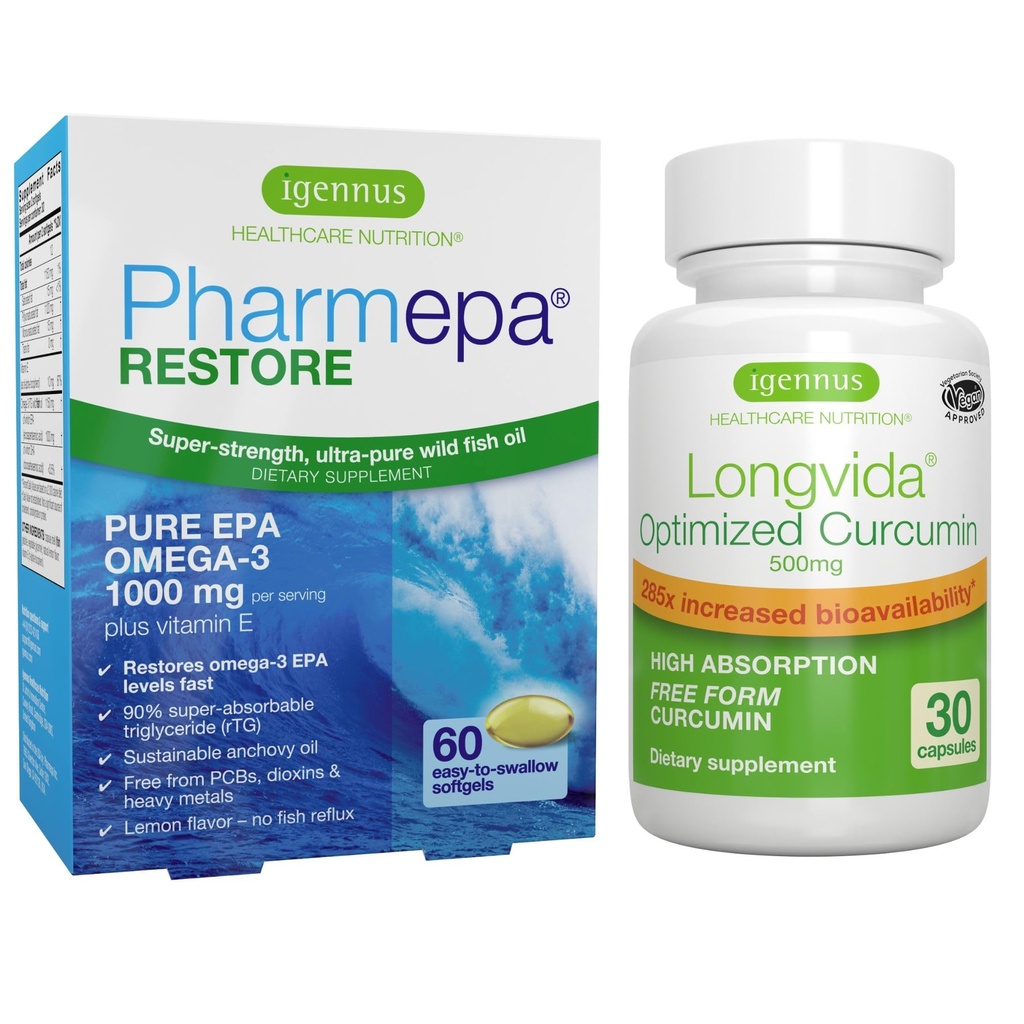 Pharmepa Restore & Longvida Lipidated Curcumin 500mg Bundle, 1000mg Pure EPA Omega-3 Fish Oil & Ultra Bioavailable Curcumin, Igennus