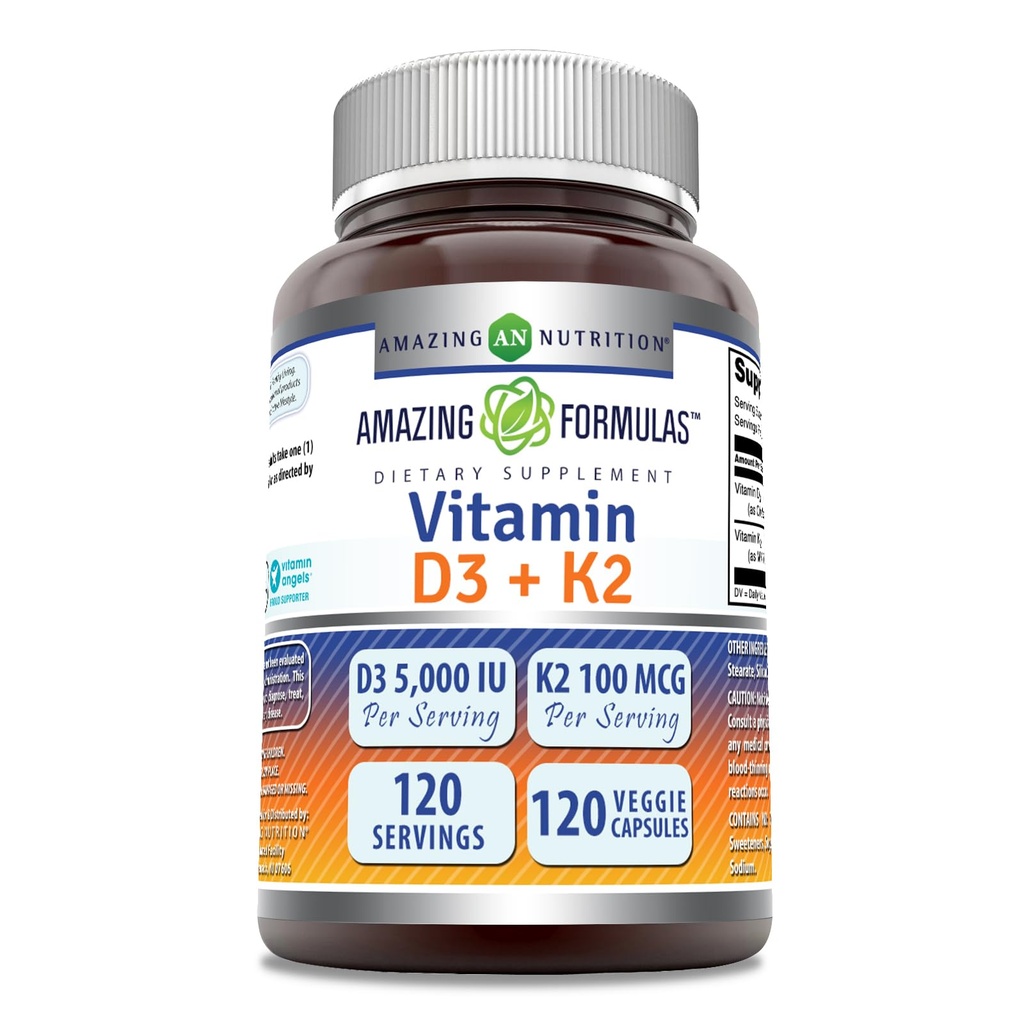 Amazing valemid Vitamiin D3 5000 RÜ koos vitamiiniga K2 100 Mcg | 120 Veggie kapslid Supplement | Non-GMO | Gluteenivaba | Valmistatud USAs
