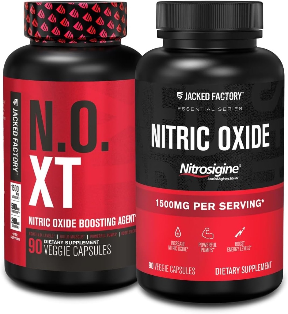 Jacked Factory N.O. XT lämmastikoksiidi lisand (90 kapslit) ja nitrosigiin L-arginiin lämmastikoksiidi võimendaja (90 kapslit) lihaste kasvu, pumpade, vaskulaarsuse ja energia jaoks