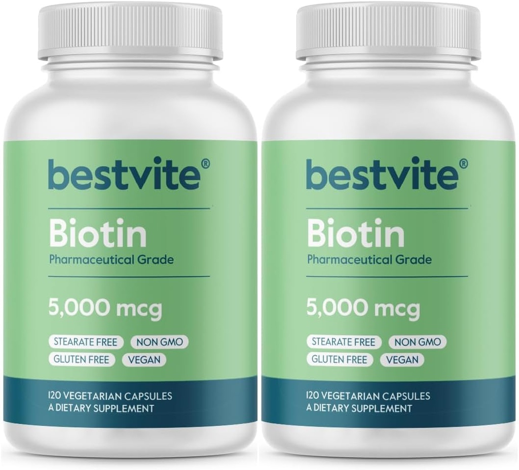 BESTVITE Biotin 5000mcg (240 taimetoitlase kapslit) (120 x 2) - Stearaadid puuduvad - vooluained puuduvad - vegan - mitte GMO - gluteenivaba - juuksed, nahk, küüned