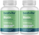 BESTVITE Biotin 5000mcg (240 taimetoitlase kapslit) (120 x 2) - Stearaadid puuduvad - vooluained puuduvad - vegan - mitte GMO - gluteenivaba - juuksed, nahk, küüned