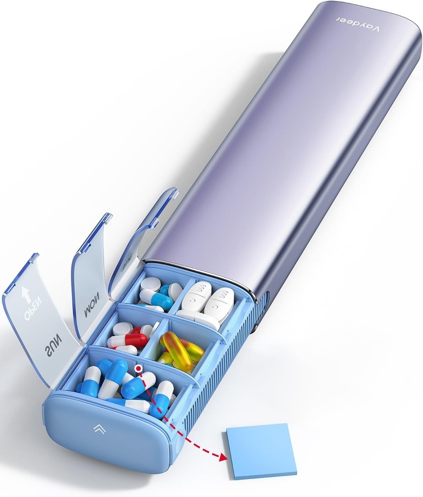 Vaydeer 7 päeva nädalas pillide korraldaja (tugi 2 korda päevas), Metal Travel Pill Case, suure mahutavusega päevas Cute Pill Box toidulisandeid, pillid, vitamiinid ja ravimid (Purple), 8.3*2.1*1.2 Inch