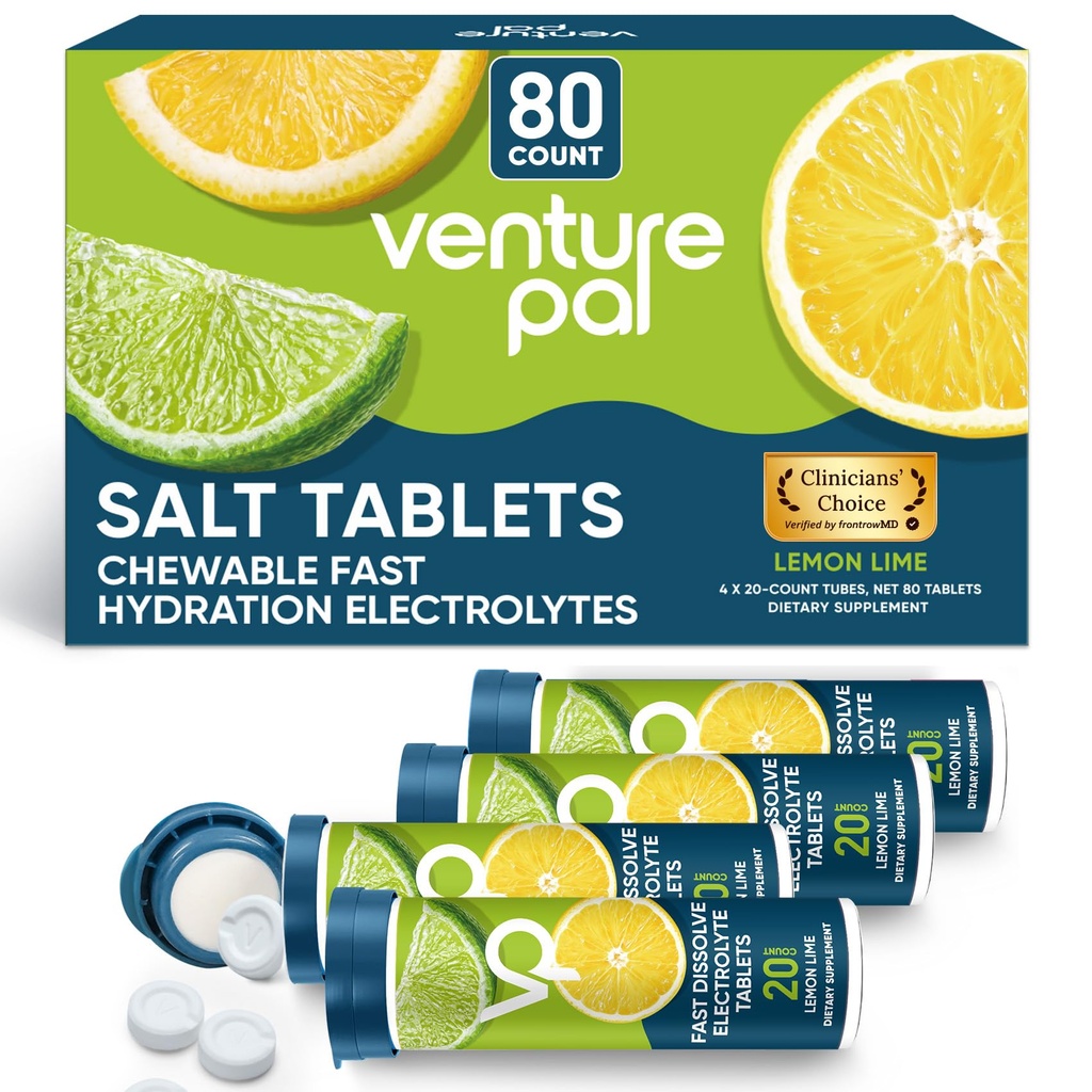 Venture Pal närimistabletid, 80 loe kiiresti lahustuvad suhkruvabad pulgasoola tabletid - sordipakett kiireks hüdreerimiseks, välijooksuks, matkamiseks, spordiks | Keto & Vegan Sõbralik | 4 Pack