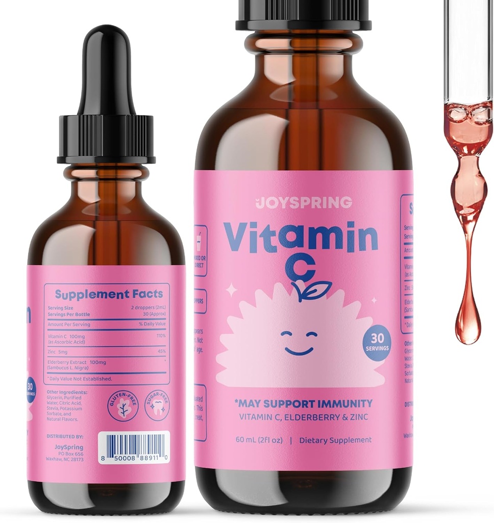 JoySpring C-vitamiin + Elderberry tilgad + tsink lastele Immuunsüsteemi tugi, Geeniuse tilgad fookuse jaoks ja D-vitamiin lastele