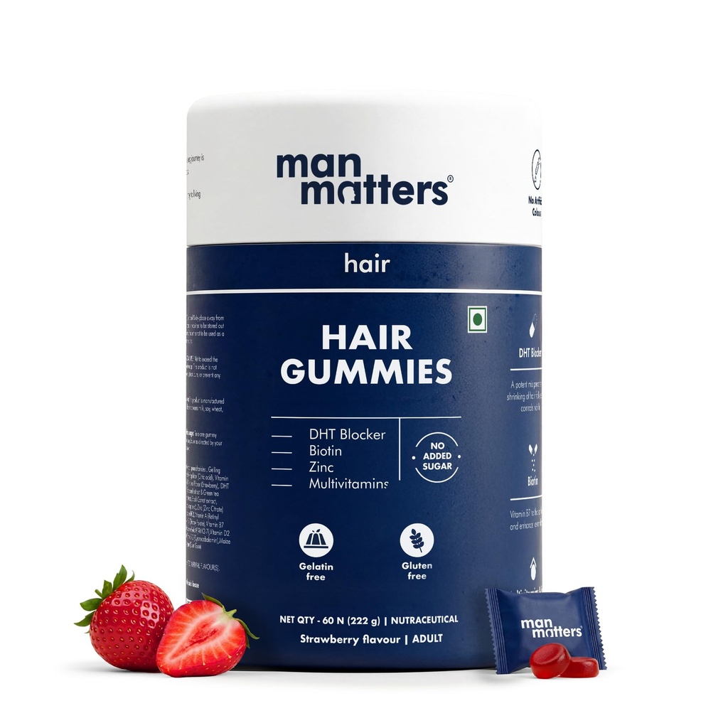 Man Matters Biotin Hair Gummy tervetele juustele | Suhkrulisandita | Biotiin Kummid juuste vitamiinidega | A-vitamiin, C-vitamiin, E-vitamiin ja tsink | 60 Gummies