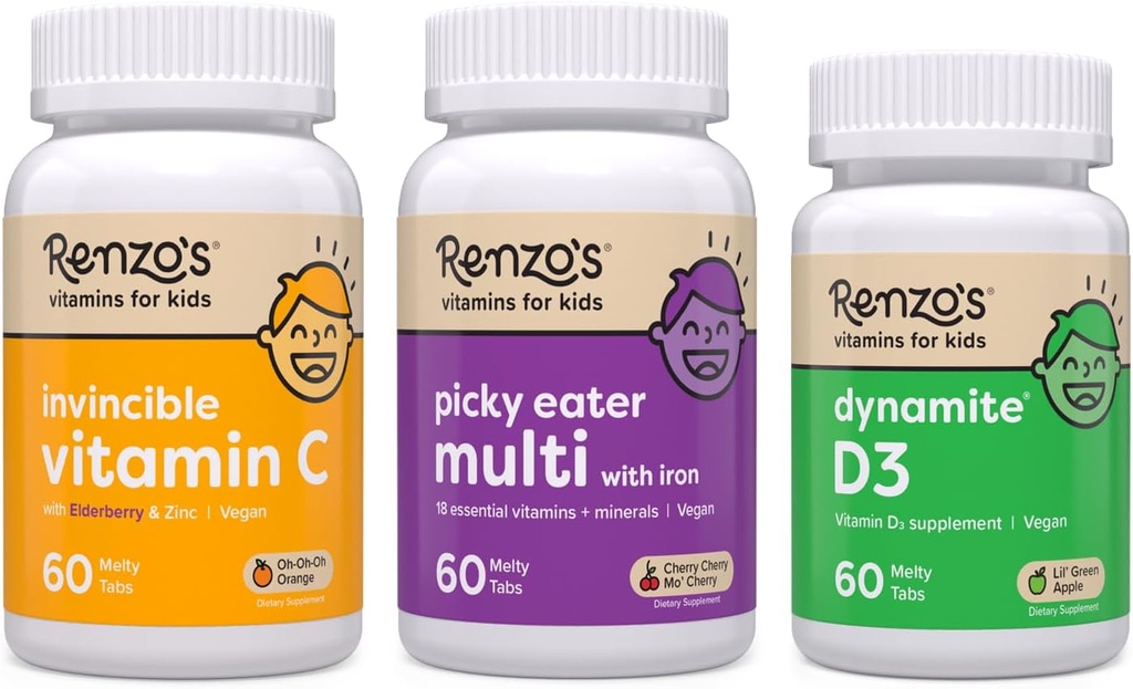 Renzo's Vitamins Immunity Builder Bundle - Vitamin C with Elderberry & Zinc for Immune Support, Picky Eater Kids Multivitamin, and Vitamin D3