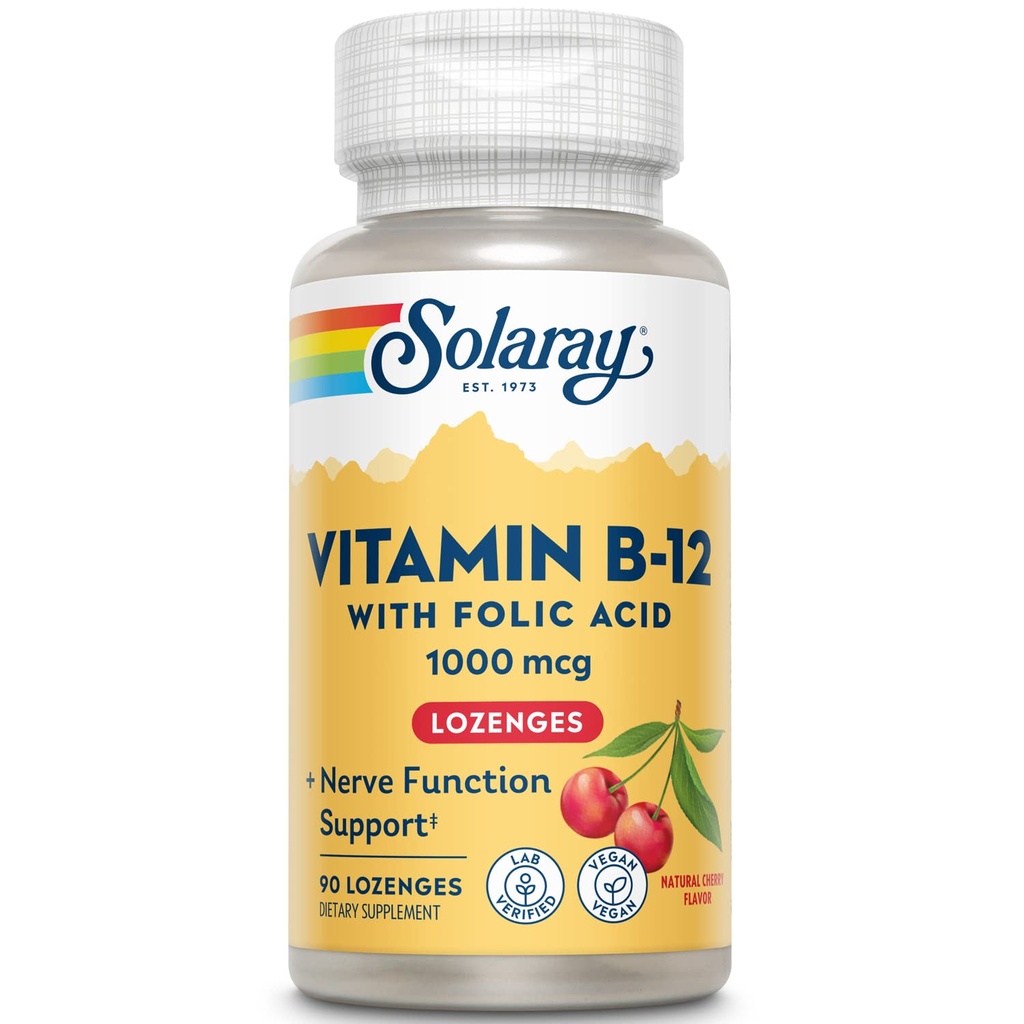 SOLARAY Vitamiin B-12 1000mcg Foolhappega | Looduslik kirsi maitse | Tervislik energiatoetus | 90CT