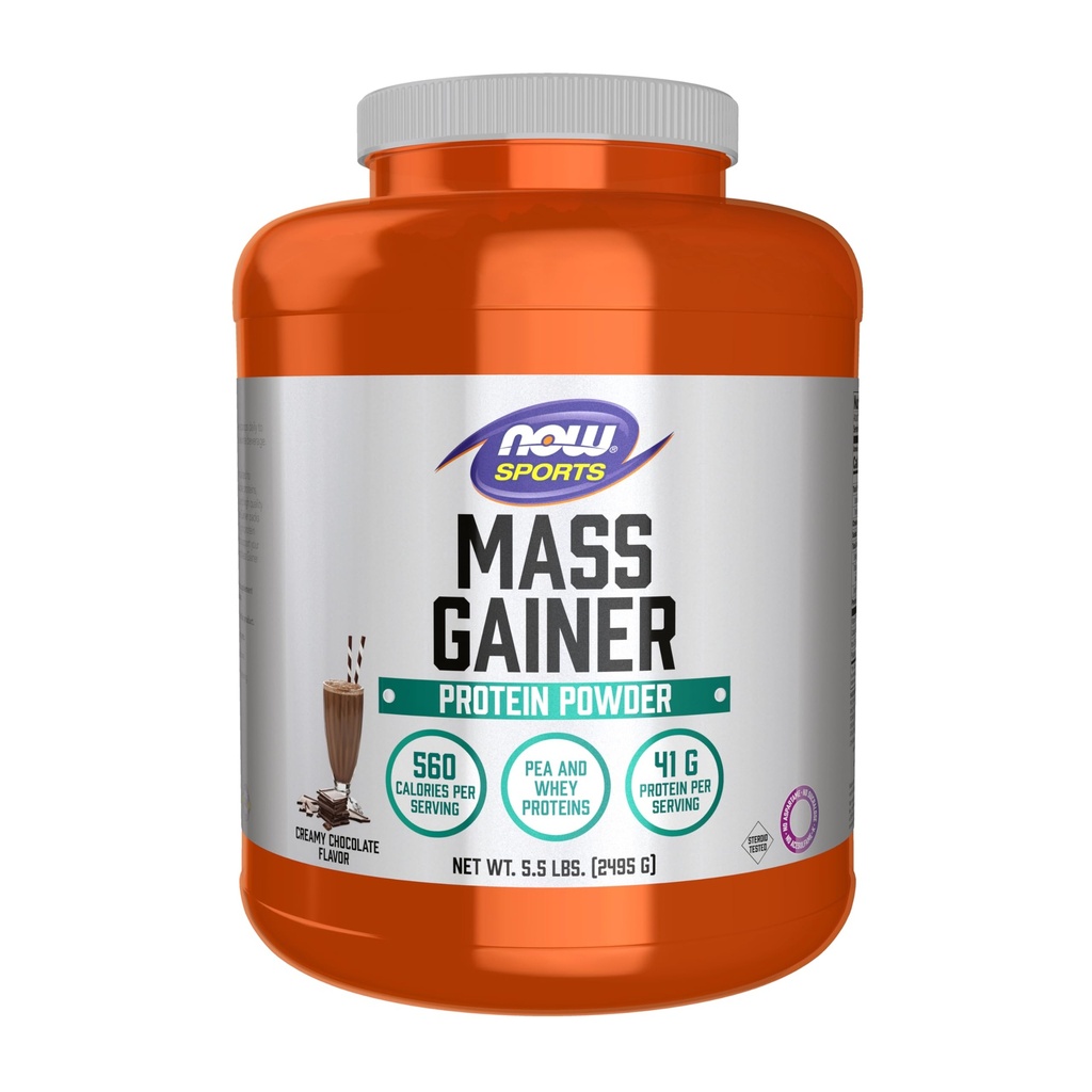 NOW Foods Sports Mass Gainer Protein Pulber, Creamy Chocolate Maitse, Herne ja vadakuvalgu segu, 5,5 naela.