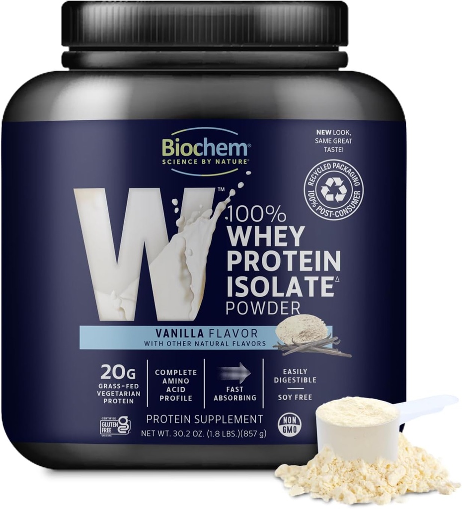 Biochem Whey Protein Isolaatpulber - Vanilla Flavor, 20 Grams per Serving, mis pärineb rohutoidulistest lehmadest, mitte-GMO-st, taimetoidust, kunstlikest maitsetest või magusainetest - toetab lihasmassi ja jõudlust