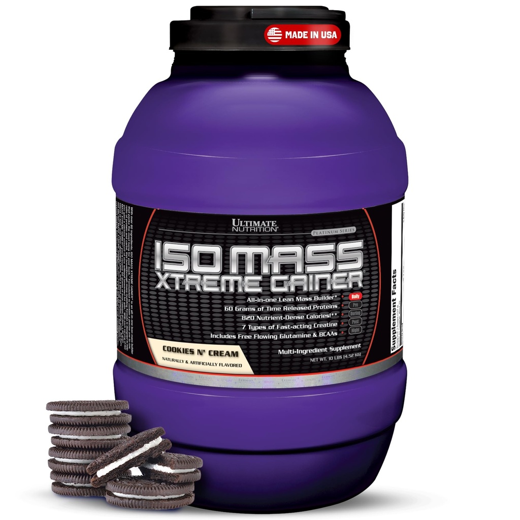 Ultimate Nutrition ISO Mass Xtreme Gainer - kõrge kalorisisaldusega mass Gainer koos kreatiini ja vadakuga Isolaatvalgu pulber kaalutõusuks, lahja lihasmass, pakendamata toidulisand - küpsised N koor, 10 naela