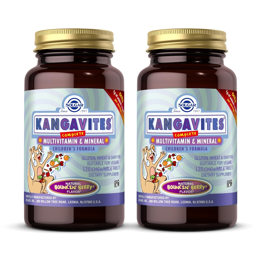 Solgar Kangavites, Bouncin' Berry Maitse - 120 närimistabletti, pakend 2 - täielik multivitamiin ja mineraalne valem lastele - Vegan, Gluteenivaba