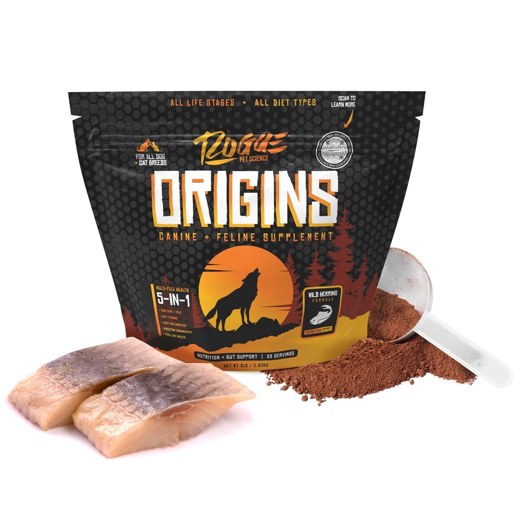 ROGUE PET SCIENCE Origins 5-in-1 Dog Supplement - Pulbriline toit Topper w / looduslik oomega 3 kalaõli - toetab tervislikku seedimist, nahka ja katet - aitab vähendada sügelust ja liigesepõletikku (2 naela)