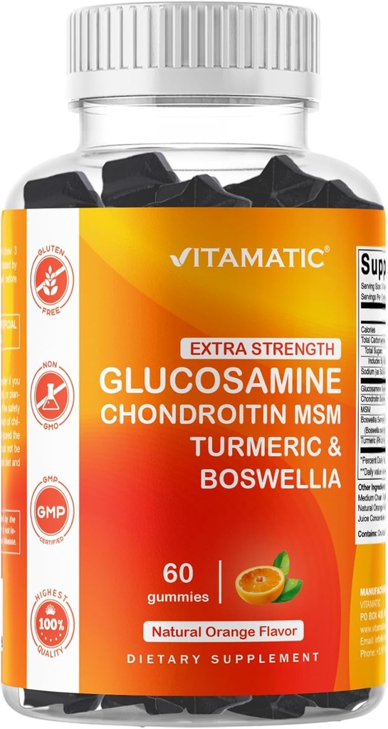 Vitamatic Extra Tugevus Glükosamiin Chondroitin Gummies koos MSM, Kurkum ja Boswellia – 60 Pectin-Based Gummies Advanced Joint Support Formula – Suhkruvaba, Mitte-GMO, želatiin-vaba