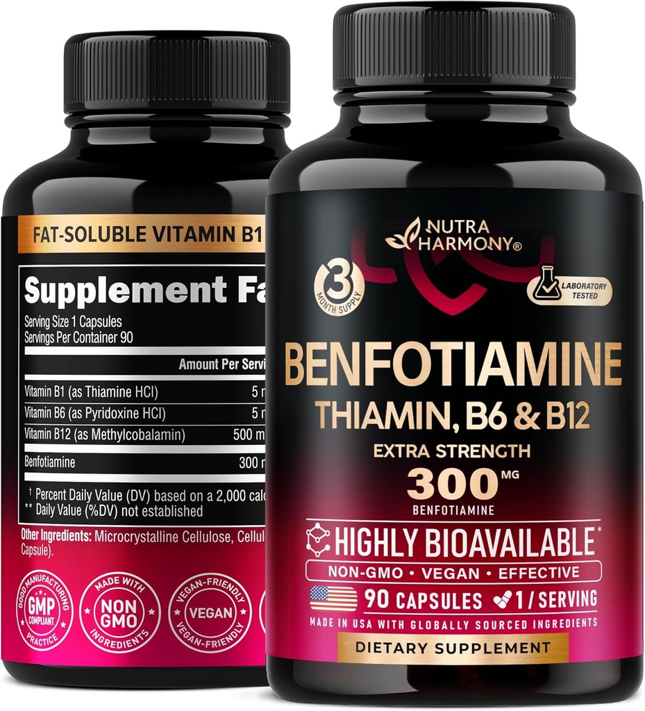 Benfotiamiin 300 mg - närvide tugi, energia ja ainevahetuse tugi - Benfotiamiini lisand rasvlahustuv vitamiin B1 - väga biosaadav ja imenduv - tiamiiniga, vitamiin B12 & B6 - 90 kapslit