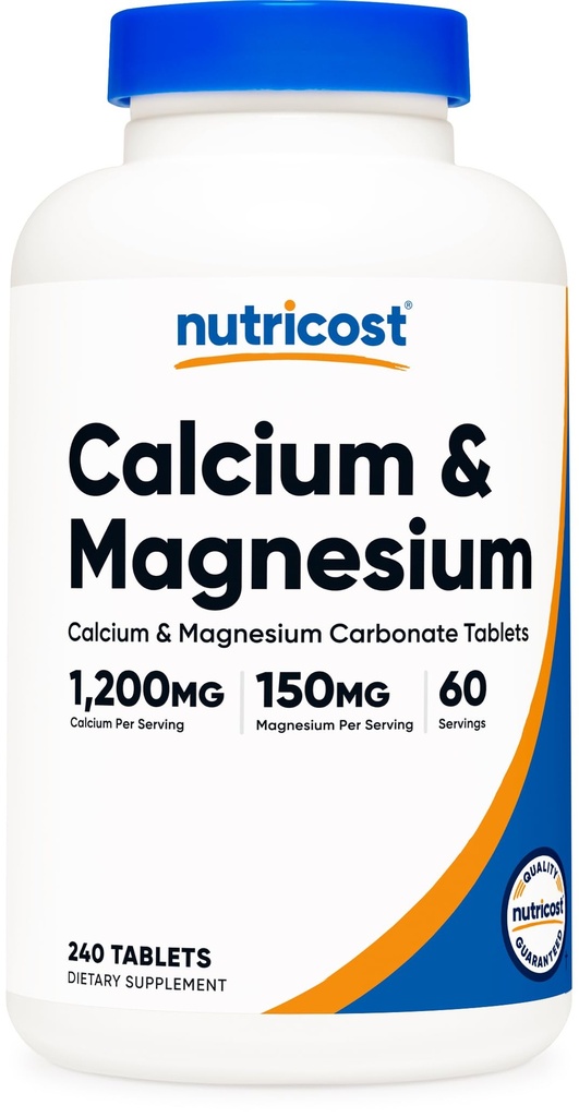 Nutrikostkaltsium ja magneesiumkarbonaat 240 tabletti, 1200mg Ca & 150mg Mg per Serving, 60 Servings- Gluteenivaba, Non-GMO