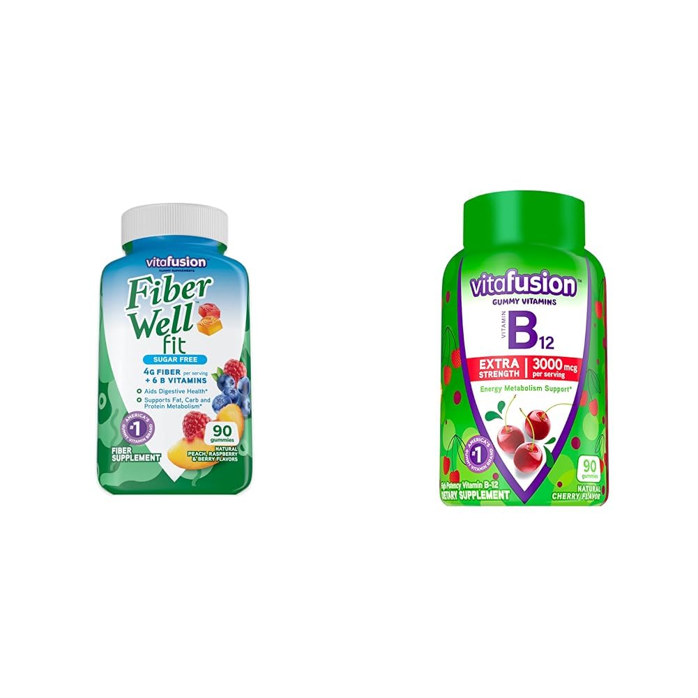 Vitafusion Fiber Hästi Fit Gummies Supplement, 90 Count (pakendamine võib varieeruda) & Extra Tugevus Vitamiin B12 Kummi vitamiinid energia Metabolism Toetus