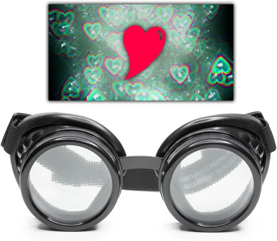 GloFX Black Heart Effect Difraction Goggles - See Hearts - 3D Holographic Visuals Edm Rave Outfit Steampunk Costume Cosplay Music Festival Essential