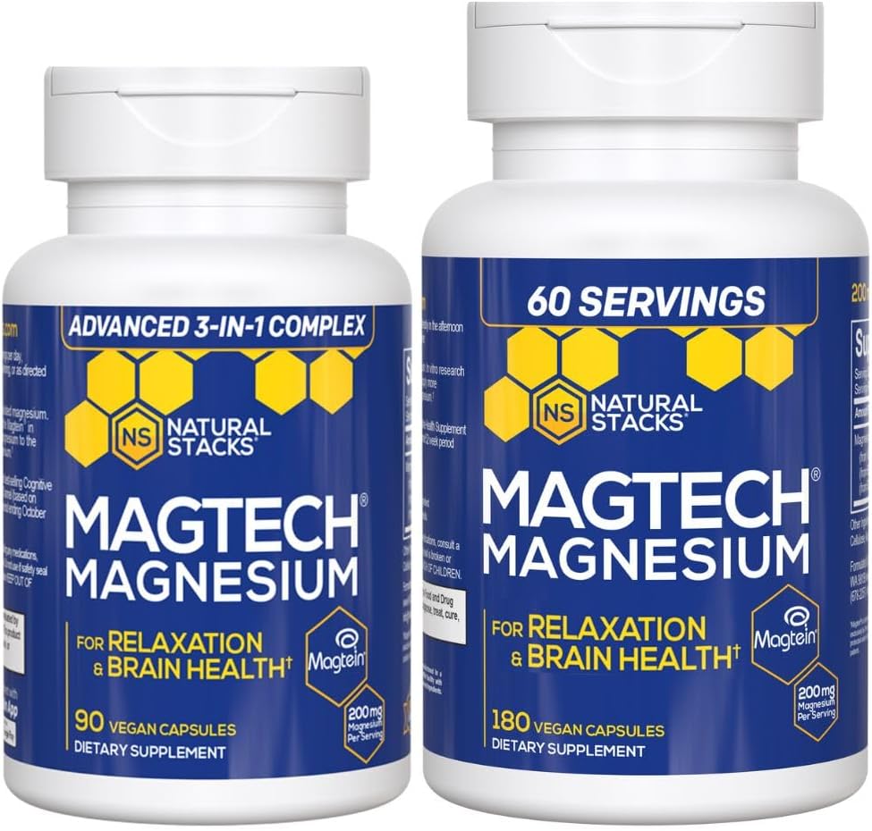 Natural Stacks Magtech Magneesium Väärtus Bundle - 3 vormid Magneesium - featuring Magtein L-Threonate - toetab lõõgastumist ja aju tervist * - 270 kogu kapslit