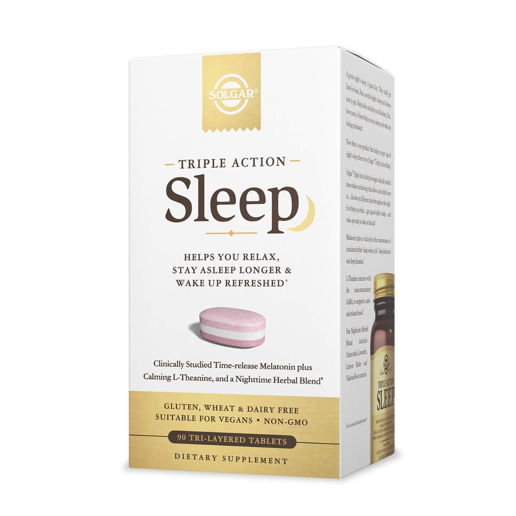 Solgar Triple Action Sleep, 90 Tri-Layer Tablets - Time-Release Melatoniin & L-Theanine Plus Taimne segu - Aitab lõõgastuda - Mitte-GMO, Gluteenivaba - 90 Servings
