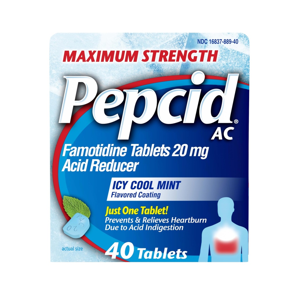 Pepcid AC maksimaalse tugevusega kõrvetiste leevendamise tabletid, OTC meditsiin ennetab ja leevendab kõrvetisi happe seedimise ja hapu kõhu tõttu, 20 mg Famotidiinhappe vähendajat, ICY Cool Mint, 40 ct