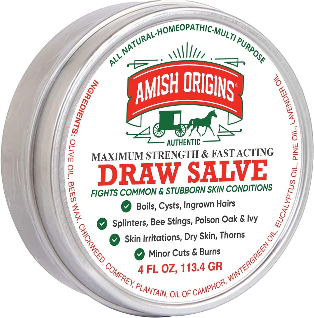 Amish Origins Joonistamine Salve salv, 4 oz Maksimaalne tugevus Kiire tegutsemine Joonista Salve lõhede jaoks, keetmine, Bee Stings, Cyst, Anti Itch Cream, Made in USA