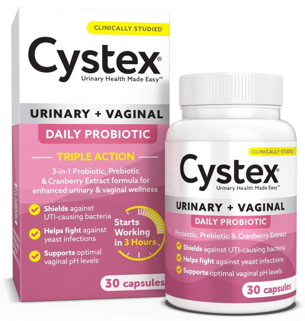 Cystex 3-in-1 kuseteede probiootikum naistele - kiire toimega UTI ja pärmseente infektsiooni toetamine prebiootikumide, probiootikumide ja Jõhvikaga - toetab vaginaalset pH & Flora tasakaalu - 30 kapslit