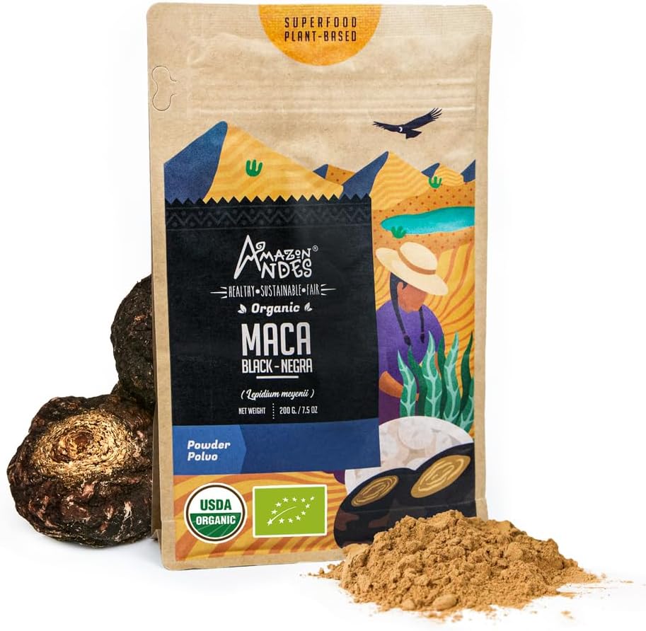 Andes Black Maca juurepulber (Lepidium meyenii) - sisaldab süsivesikuid ja mineraale - Adaptogeeni supertoit ja tervise edendaja - želatiniseeritud, vegan, GMO-vaba ja allergeenivaba - 7 ühekordne (40 serveerimist)