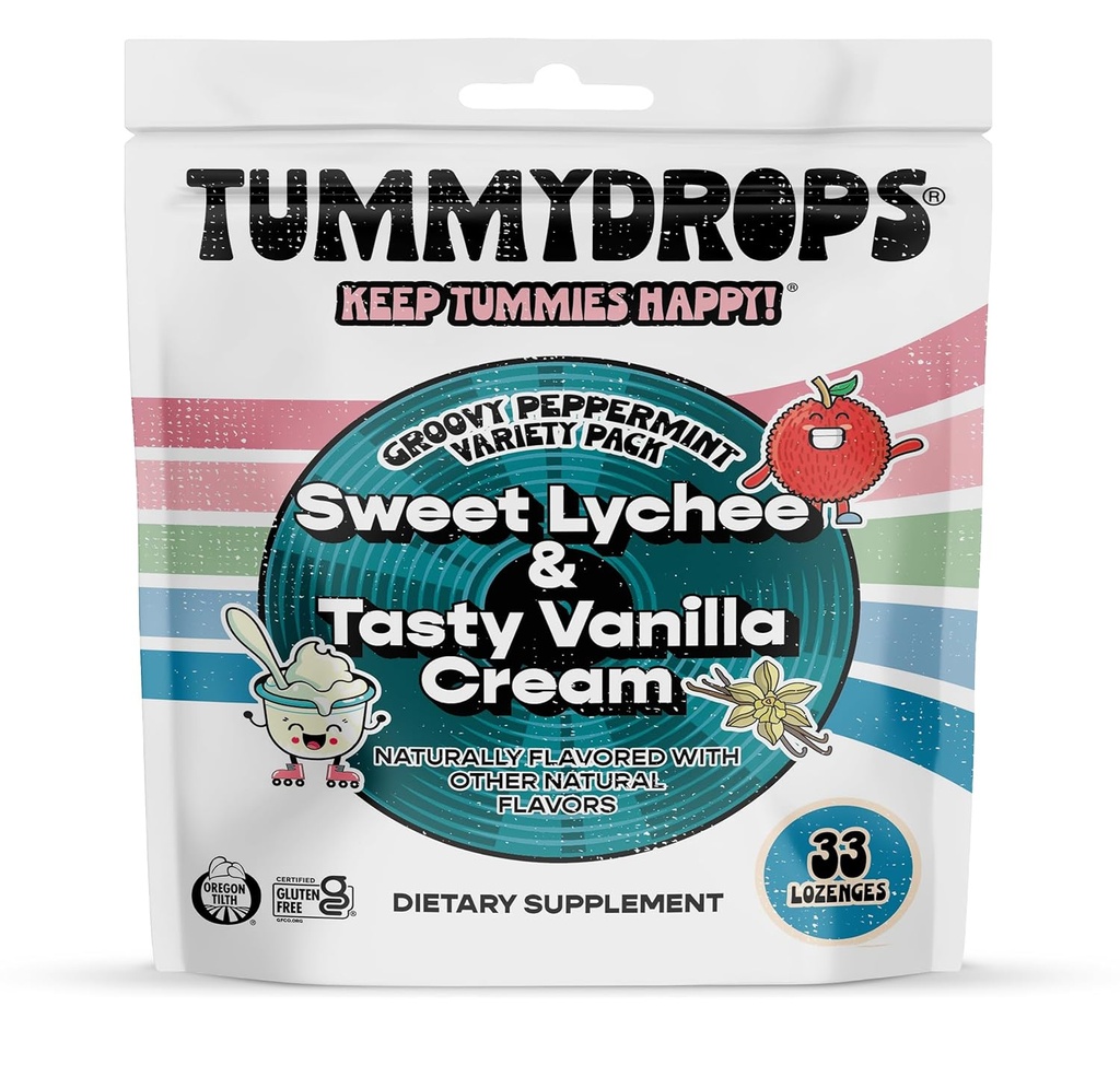 Tummydrops Groovy Peppermint Pack (Mix of Lychee & Maitsev Vanilla Cream). Gluteenivaba, vegan ja valmistatud orgaanilistest koostisosadest, 33 individuaalselt pakitud piparmündi hoidlad taassuletavas kotis.