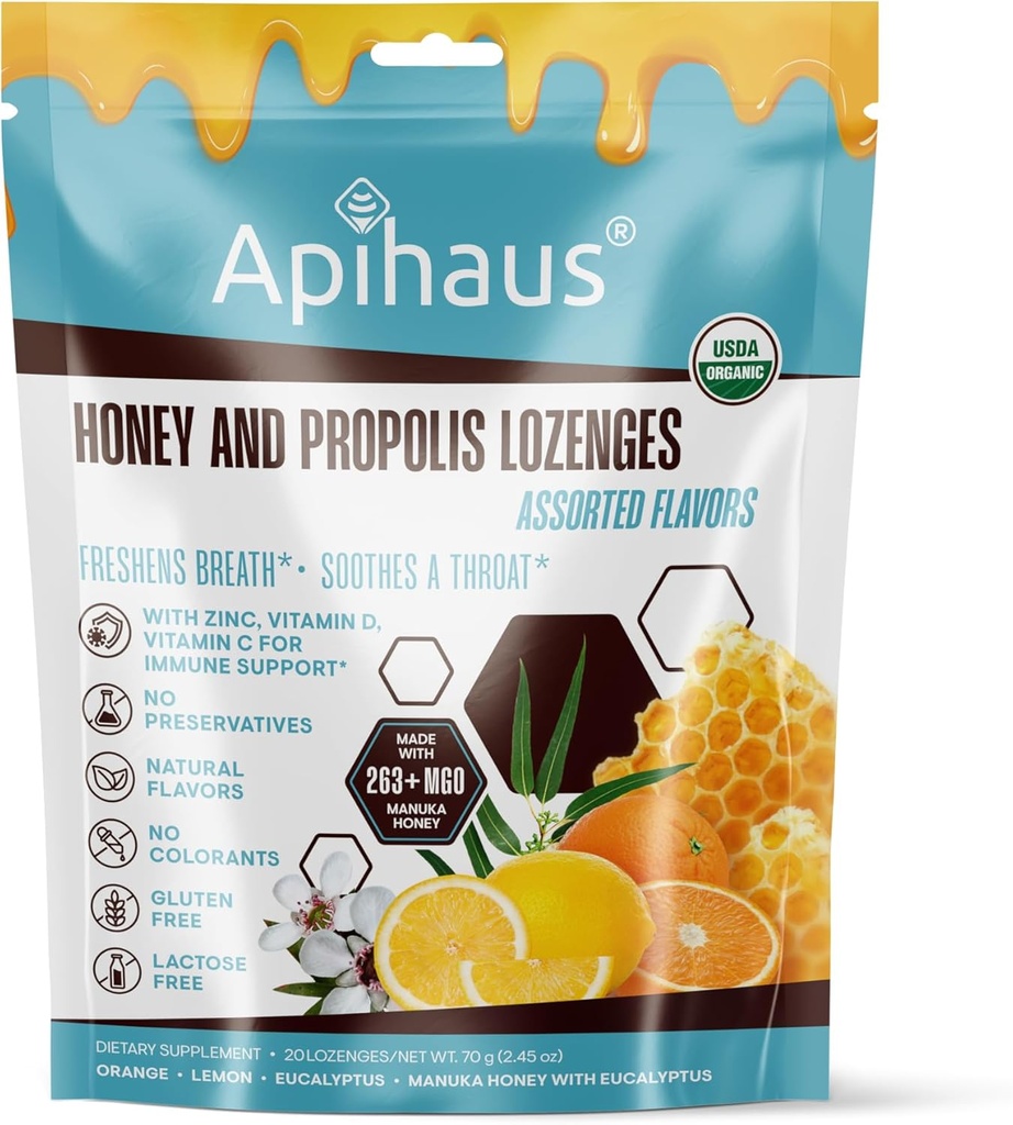 Mesi ja propolis Lozenges Assorted Maitsed, Värskendab Hingamine - Soojendab kurgu-immuunsüsteemi toetust C-vitamiini, D-vitamiini ja tsink, 20 Count