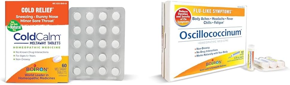 Boiron ColdCalm tabletid tavaliste külma sümptomite leevendamiseks, nagu aevastamine ja Oscillococcinum gripilaadsete sümptomite leevendamiseks kehavalud, peavalu, palavik, külmavärinad ja väsimus - 12 krahv