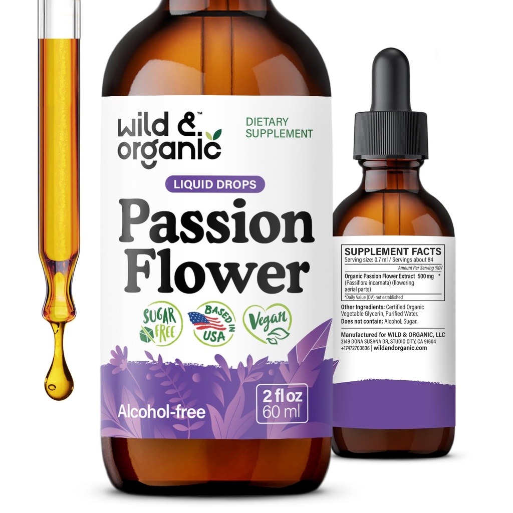 Wild & Organic Passionflower Tinktuur - Lõõgastav Kirglik Lilletilgad naistele - Vedel Passiflora Incarnata Herb - Vegan, Suhkru Ja Alkoholivaba Ekstrakti Lisa - 2 fl oz