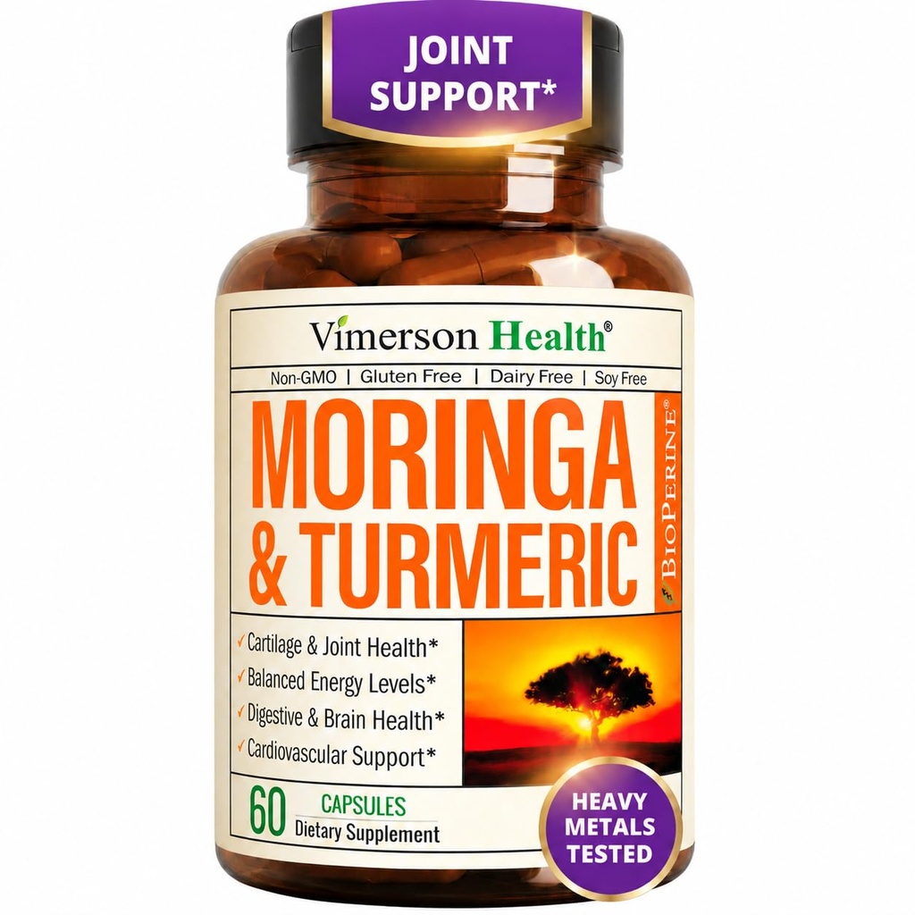 Moringa + kurkumiini lisand liigeste tervise, soolestiku tervise, energia ja immuunsuse toetamiseks - kogu heaolu valem - Tumeeriline kurkumiin musta pipar & Moringa puhta kapsliga - 60 loend