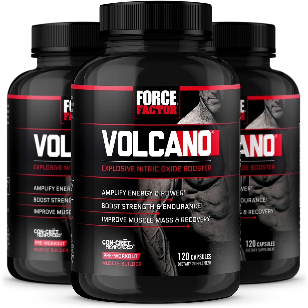 FORCE FACTOR Vulkaan Pre Workout Lämmastikoksiidi Booster täiendada meestel kreatiini ja L-tsitrulliin, et aidata suurendada lämmastikoksiidi, energia, ehitada lihaseid ja parandada verevoolu, 120 Count (Pack of 3)