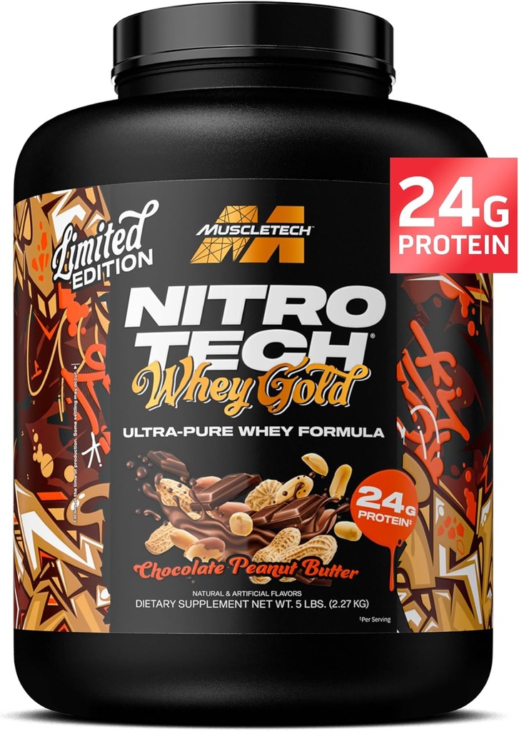 MuscleTech Whey Valgupulber (Chocolate Maapähklivõi, 5LB) - Nitro-Tech Vadakuvalk Isolaat Smoothie Segu Lean Lihased ja kiire taastumine - 24 g vadaku kuldvalku naistele ja meestele - Gluteenivaba