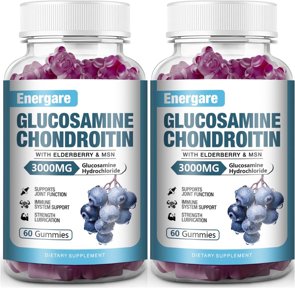2 Pack 3000mg Glükosamiin Chondroitin koos MSM Gummies & Elderberry, ekstra tugevus ühine tugi Tervis, paindlikkus, Antioksüdandid, Immune Supplement Gummy täiskasvanutele, meestele ja naistele 120 loeb