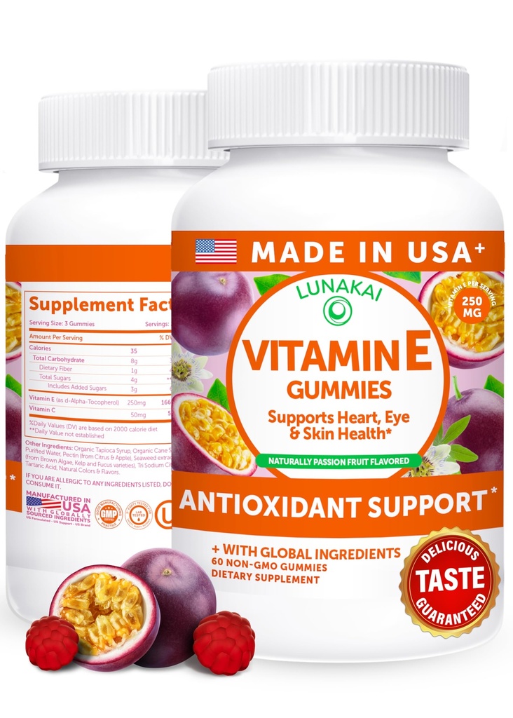 Lunakai USA valmistatud E-vitamiini Gummies 400IU koos C-vitamiiniga - maitsev, vegan, mitte-GMO lisand igapäevaseks naha ja silmade toetamiseks, 60ct