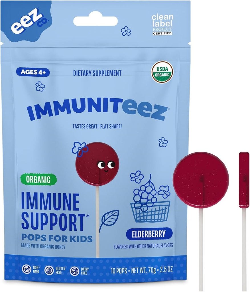 Immuniteez Orgaaniline Elderberry Lollipops lastele - Immuunsüsteemi toetamine C-vitamiini, D-, E-, tsingi ja orgaanilise meega - Gluteenivabad lapsed Vitamiinid - 10 Count Bag