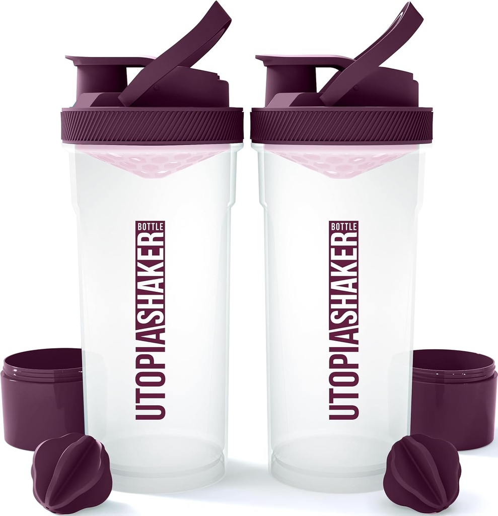 Utopia Home Shaker Bottle 2 Pack - 24 Ounce Plastikvalk või kokteil Shaker Pudel Pre & Post treeningu Twist & Lock Protein Box Storage (Clear / Plum)