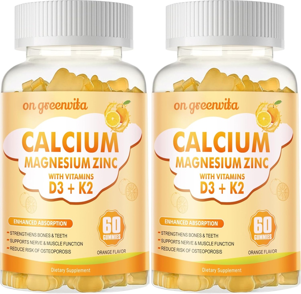 Kaltsium Magneesium Tsink Kummid Vitamiin D3 & K2 - kõrge potentsi tõhustatud imendumine - 120 Orange Gummies Maitsestatud