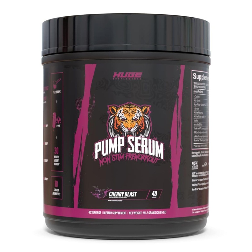 Tohutud täiendused Pump Seerum, Stim Free Pre Workout ja lämmastikoksiidi Booster, et suurendada fookust, pumbad, Fulness ilma kofeiini, L-tsitrulliin, GlycerPump, L-türosiin, Nitrosigiin (Kirsiplahvatus)