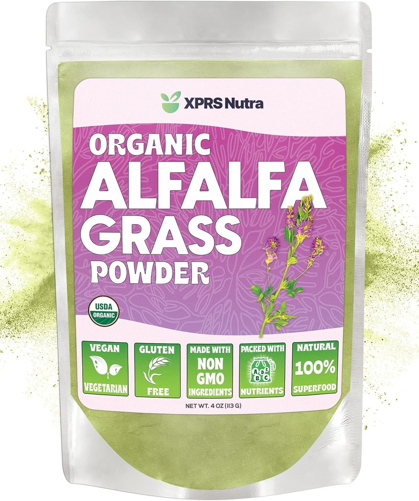XPRS Nutra Orgaaniline Alfalfa Pulber - Premium Vegan Toidulisand Rikas Kaltsiumi, Antioksüdandid, Vitamiinid - Farmer Alfalfa Täiendus Lastele Ja Täiskasvanutele - Vegan Sõbralik Tervislik Leht (4 Ounce)