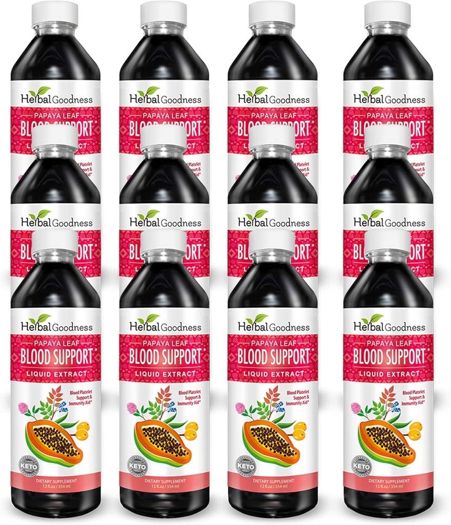 Papaya Leaf Blood Support Vedelik - 15X Tugevus - Papaya Leaf Extract - Tervislikud trombotsüüdid, verepuhastus, seedimine, Papaya Enzyme - 12(12oz) Pudelid Vedelik - Taimne Headus - Valmistatud USA-s