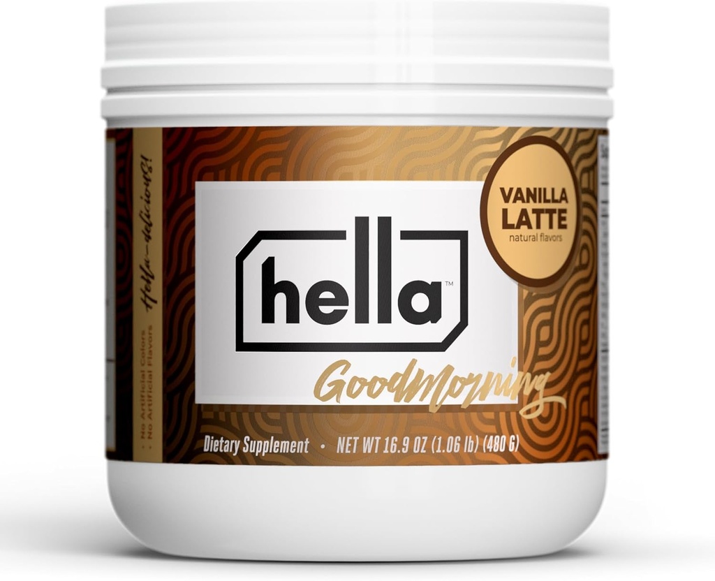 Hella Nutrition Goodmorning Kohv Alternatiivne looduslik kofeiin seenekohvi asendajaga | Valk, kollageen, vitamiinid B-12 & D, elektrolüüdid ja mineraalid | Mitte GMO (20 Servings, Vanilla Latte)