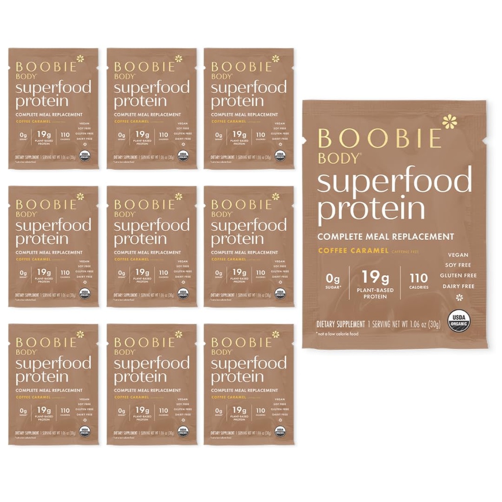 Boobie Body Superfood Protein Meal Asenduskoks, Kohvikaramell Maitse | 19g Valk | Ohutu Rasedus, imetamine ja emadus | Orgaaniline, Vegan, Nullsuhkur, 10 Ühe Serviga Pakendid (1,06 oz iga)