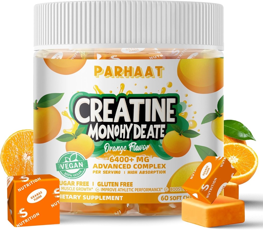 Kreatiinmonohüdraadi närimiskompleks 6400mg meestele ja naistele - täiustatud valem W / L-tauriin + vitamiin B12, suhkruvaba närimislisand, 60 oranži softchews