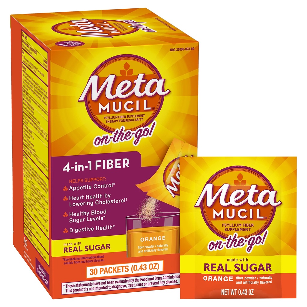 Metamucil On-the-Go, Daily Psyllium Husk Pulber Toidulisand Real Sugar, 4-in-1 Fiber Seedetrakti Tervis, Orange Smooth Maitsestatud Jook, 2 pakki x 30 arv = 60 pakendit Kokku